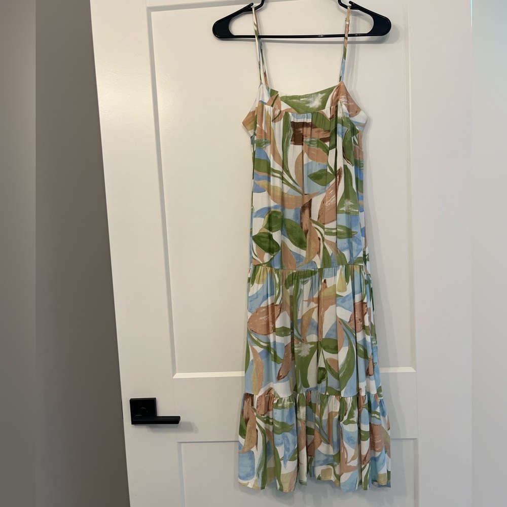 Girl and the Sun Leaf-Print Spaghetti Strap Maxi in Green, Tan & Blue